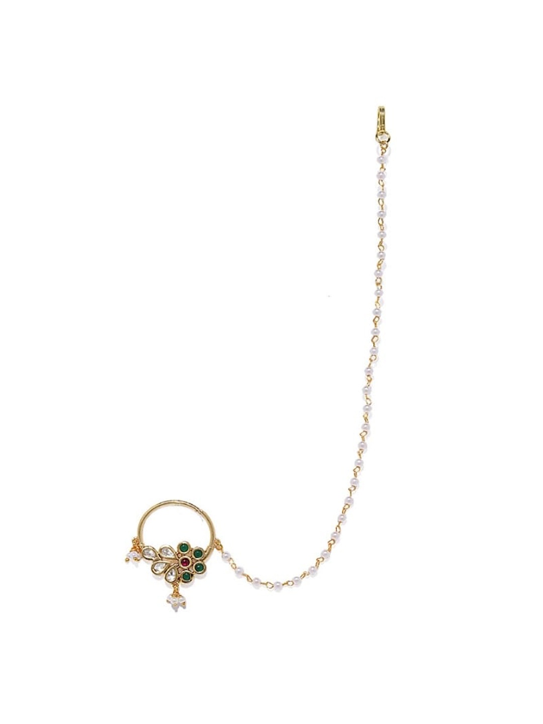 

AccessHer Gold-Plated Vilandi White & Green Kundan-Studded & Beaded Nosering With Chain