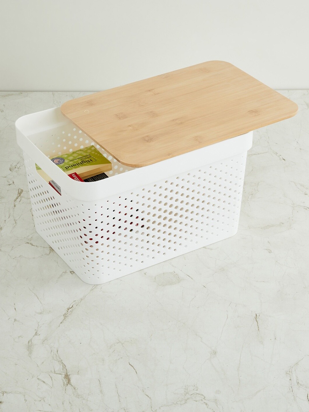 

Home Centre White Solid Regan Infinity Basket with Bamboo Lid