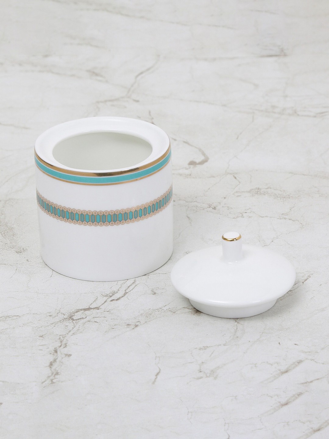 

Home Centre White & Blue Altius Printed Bone China Sugar Pot