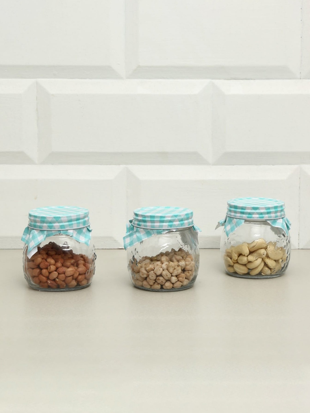 

Home Centre Set Of 3 Transparent & Blue Solid Air-Tight Glass Preservative Jars