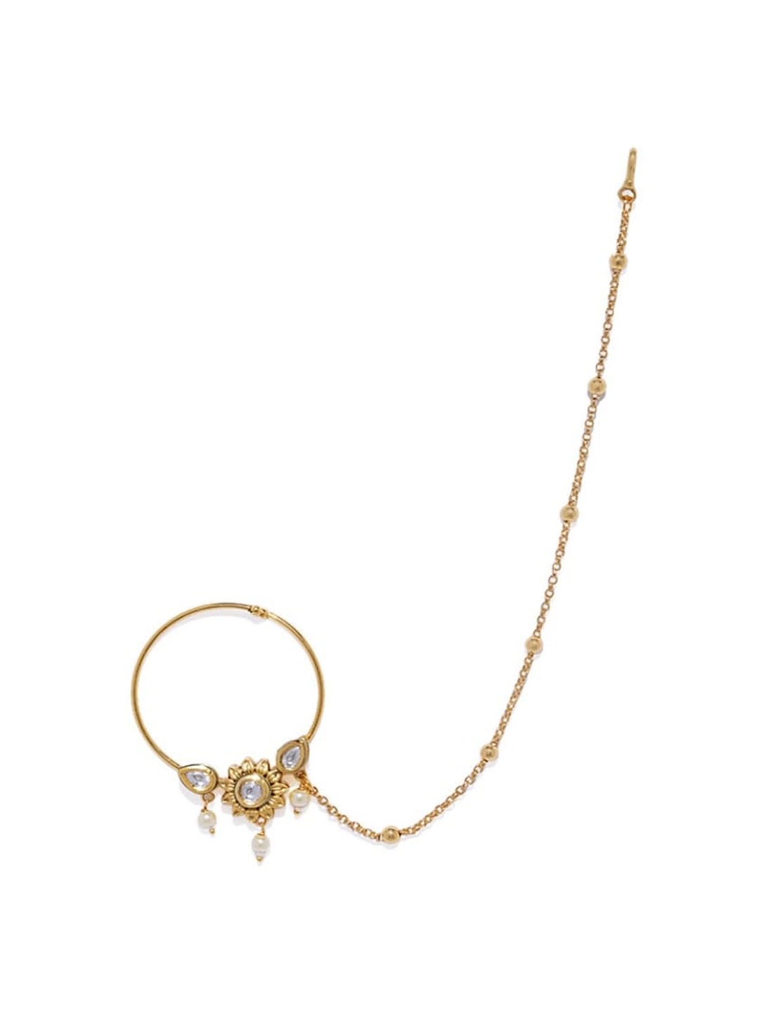 

AccessHer Gold-Plated & White Kundan & Beaded Vilandi Handcrafted Nose Rig With Chain