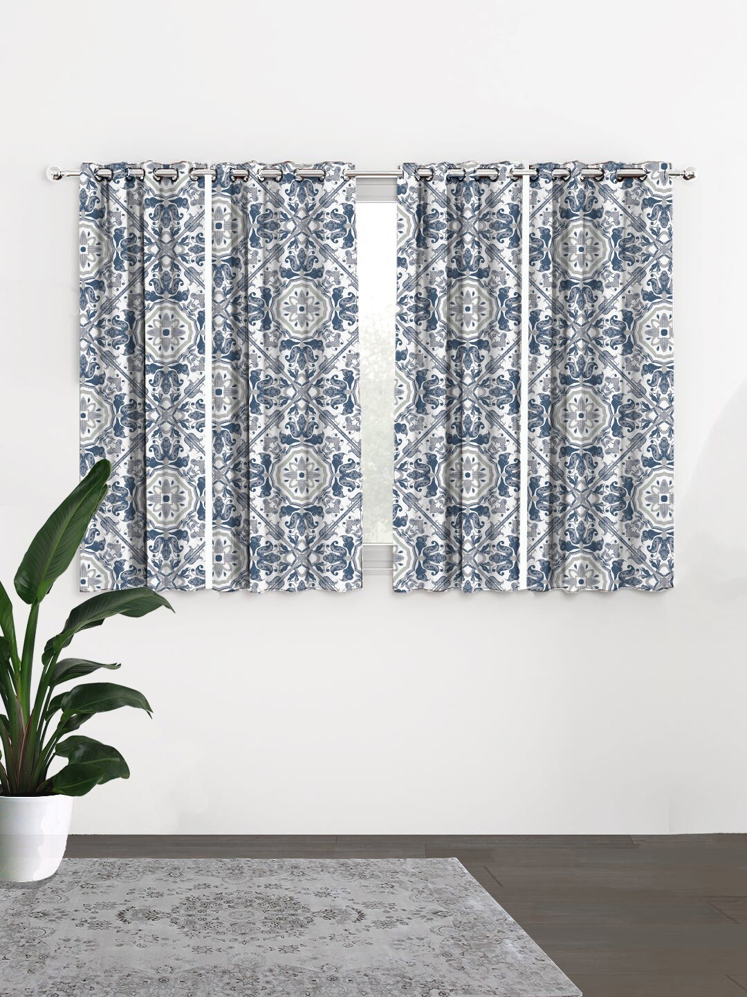 HOUZZCODE Blue & White Set of 4 Black Out Window Curtains