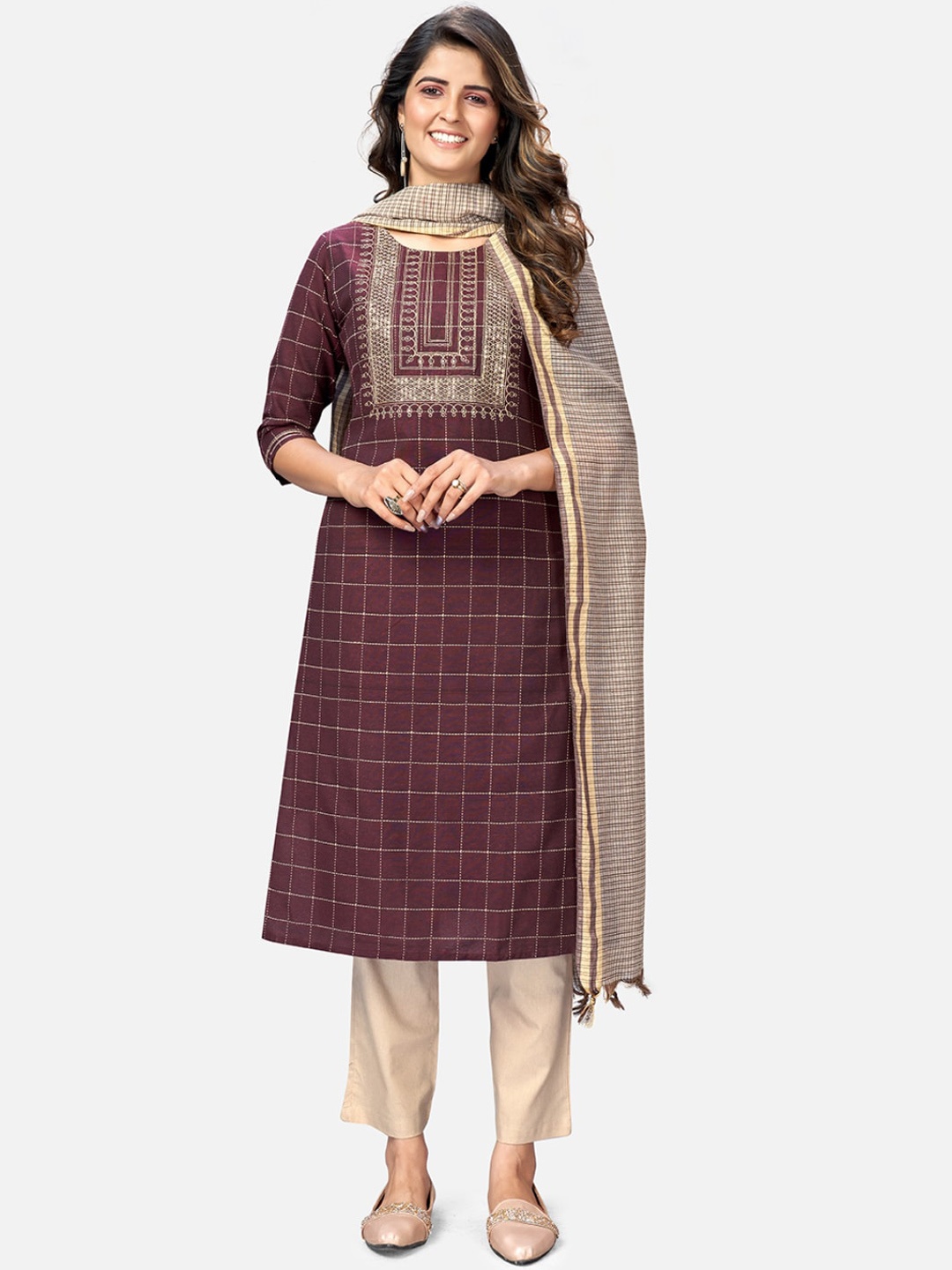 

Vbuyz Women Maroon Ethnic Motifs Embroidered Pure Cotton Kurta with Trousers & With Dupatta