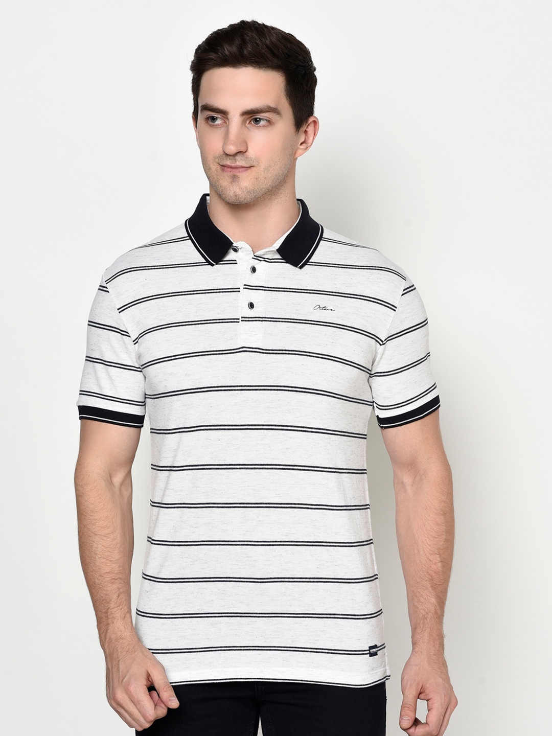 Octave Men White Striped Polo Collar T-shirt