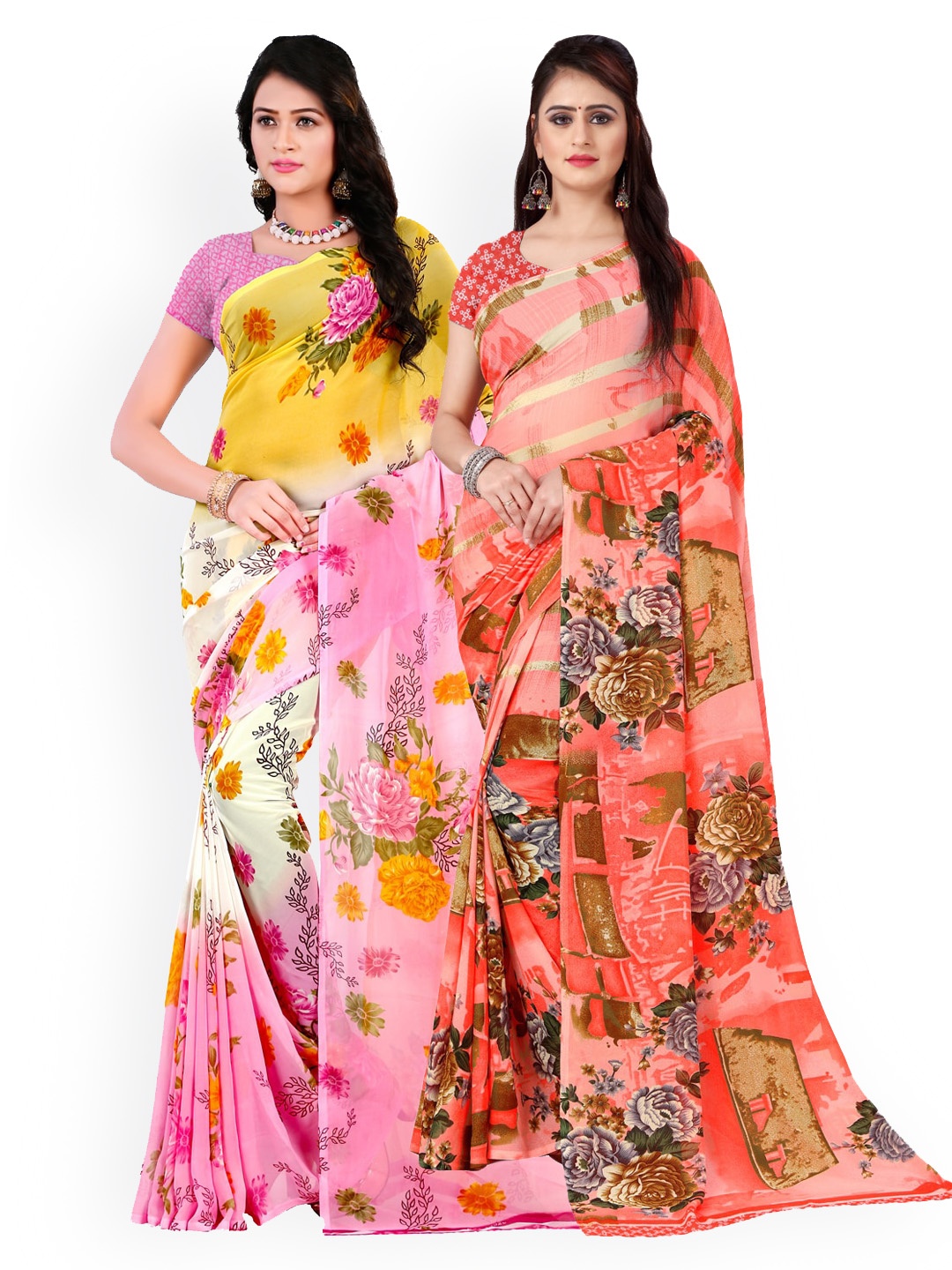 ANAND SAREES Pack Of 2 Pure Georgette Printed Sarees, Multi