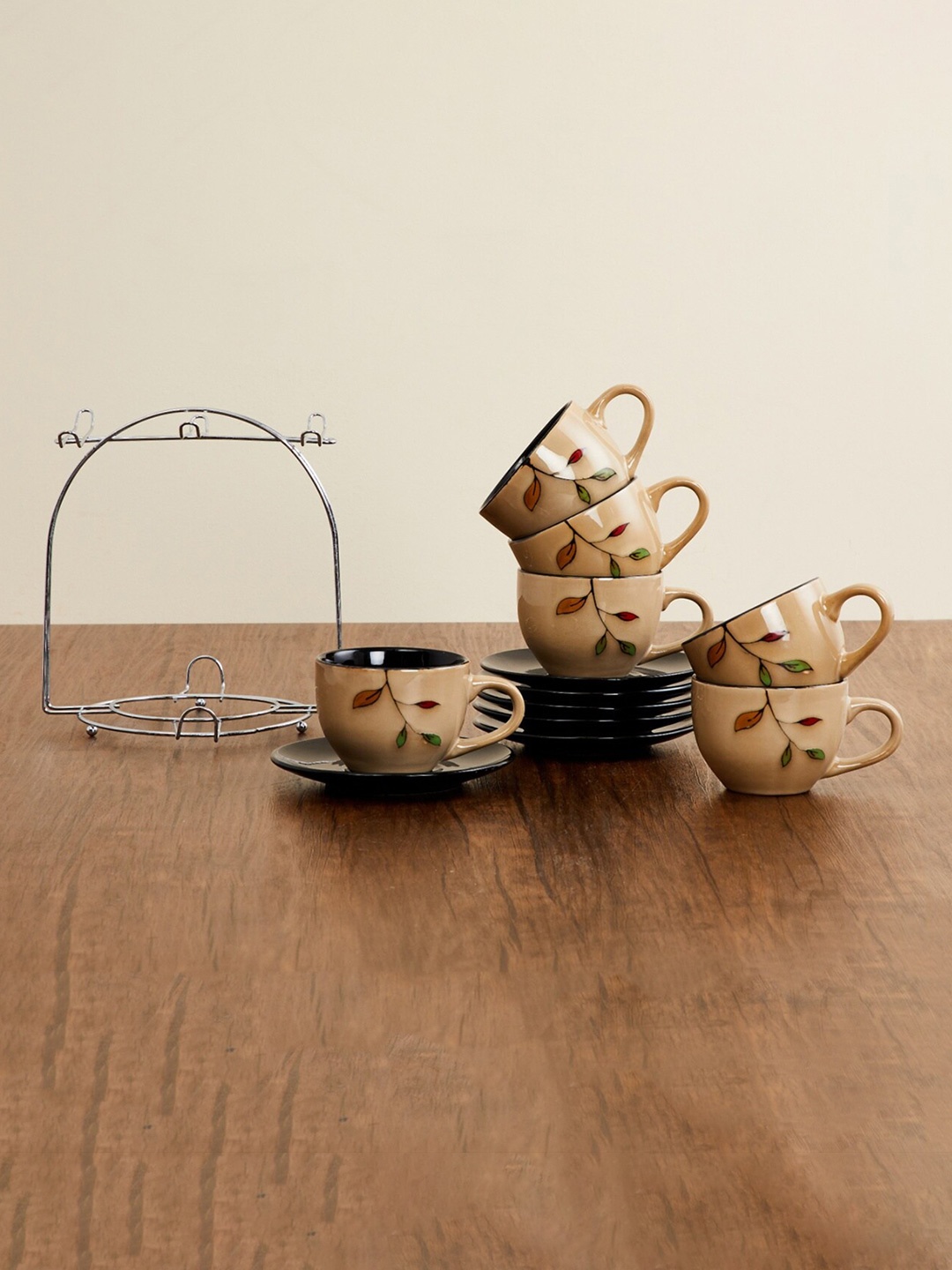 

Home Centre Set Of 12 Brown & Black Printed Stoneware Cups and Saucers