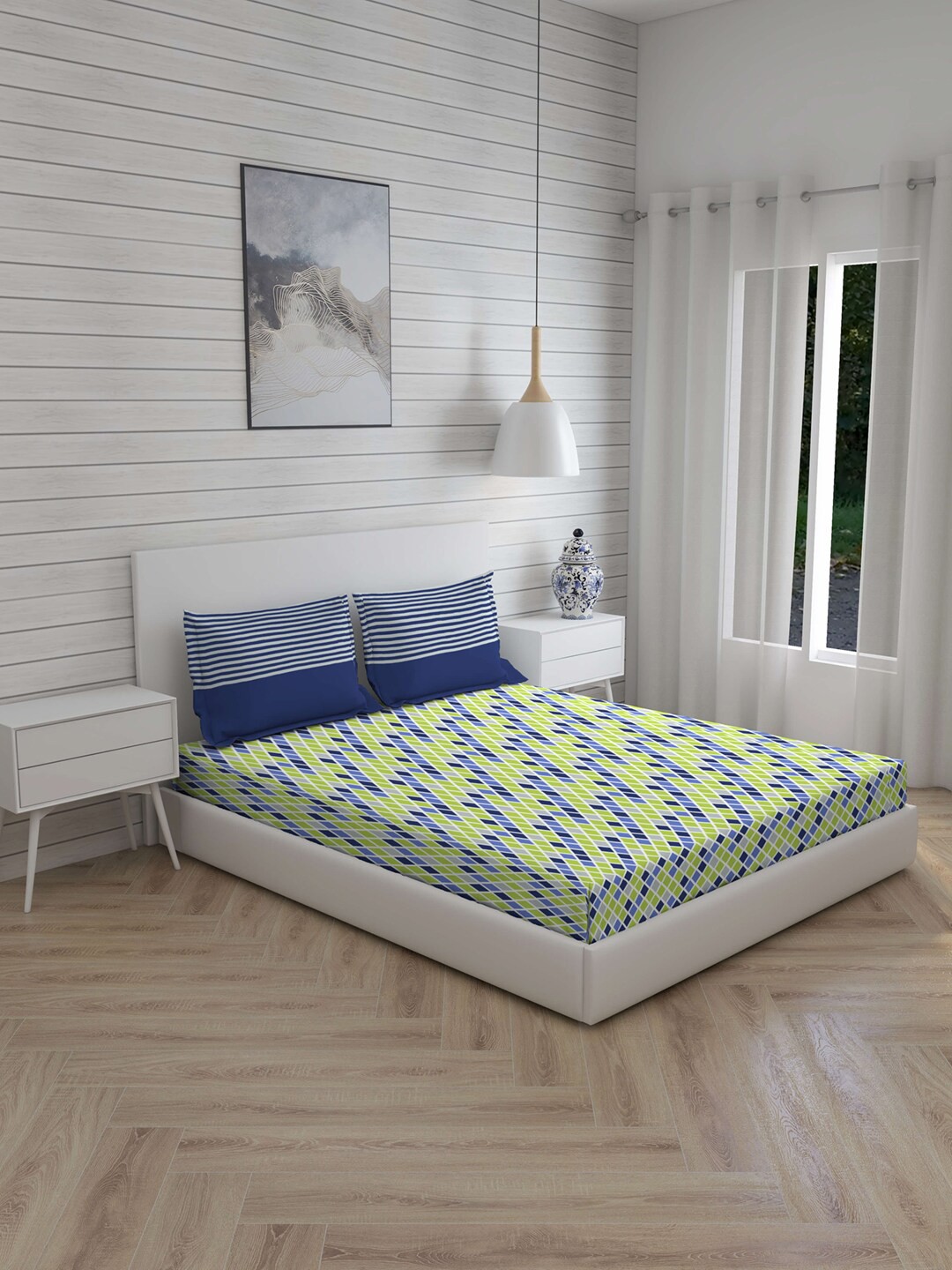 

Layers Lime Green & Blue Geometric 104 TC Cotton 1 Queen Bedsheet with 2 Pillow Covers