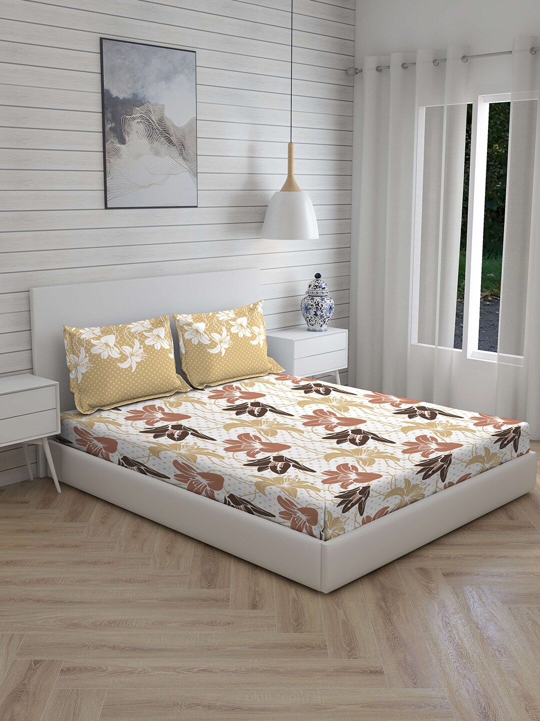 

Layers White & Brown Floral 104 TC Cotton 1 Queen Bedsheet with 2 Pillow Covers