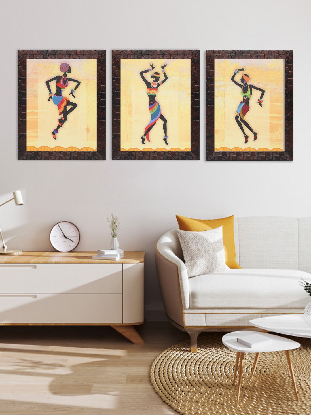 

Indianara Set of 3 Dancing Tribal Women Framed Art Prints, Beige