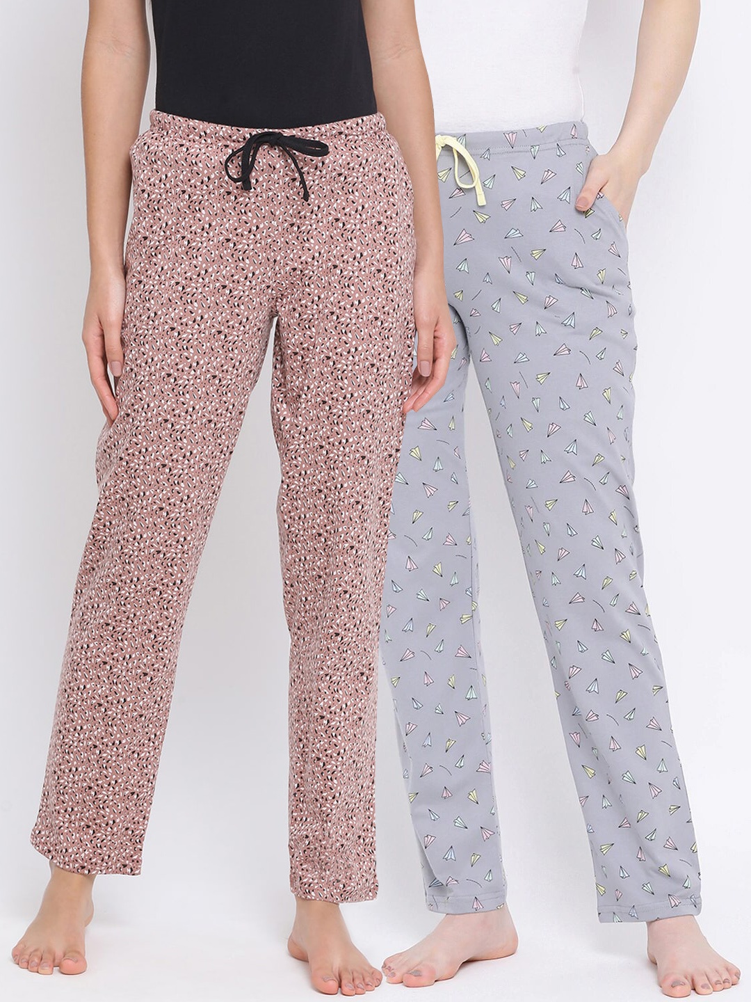 

Kanvin Women Pack Of 2 Printed Cotton Lounge Pants, Grey