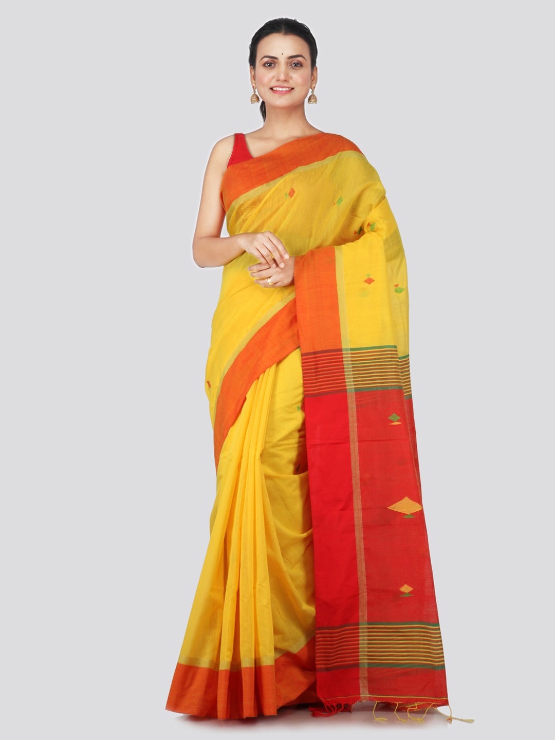 

PinkLoom Yellow & Red Cotton Blend Woven Design Handloom Sustainable Saree