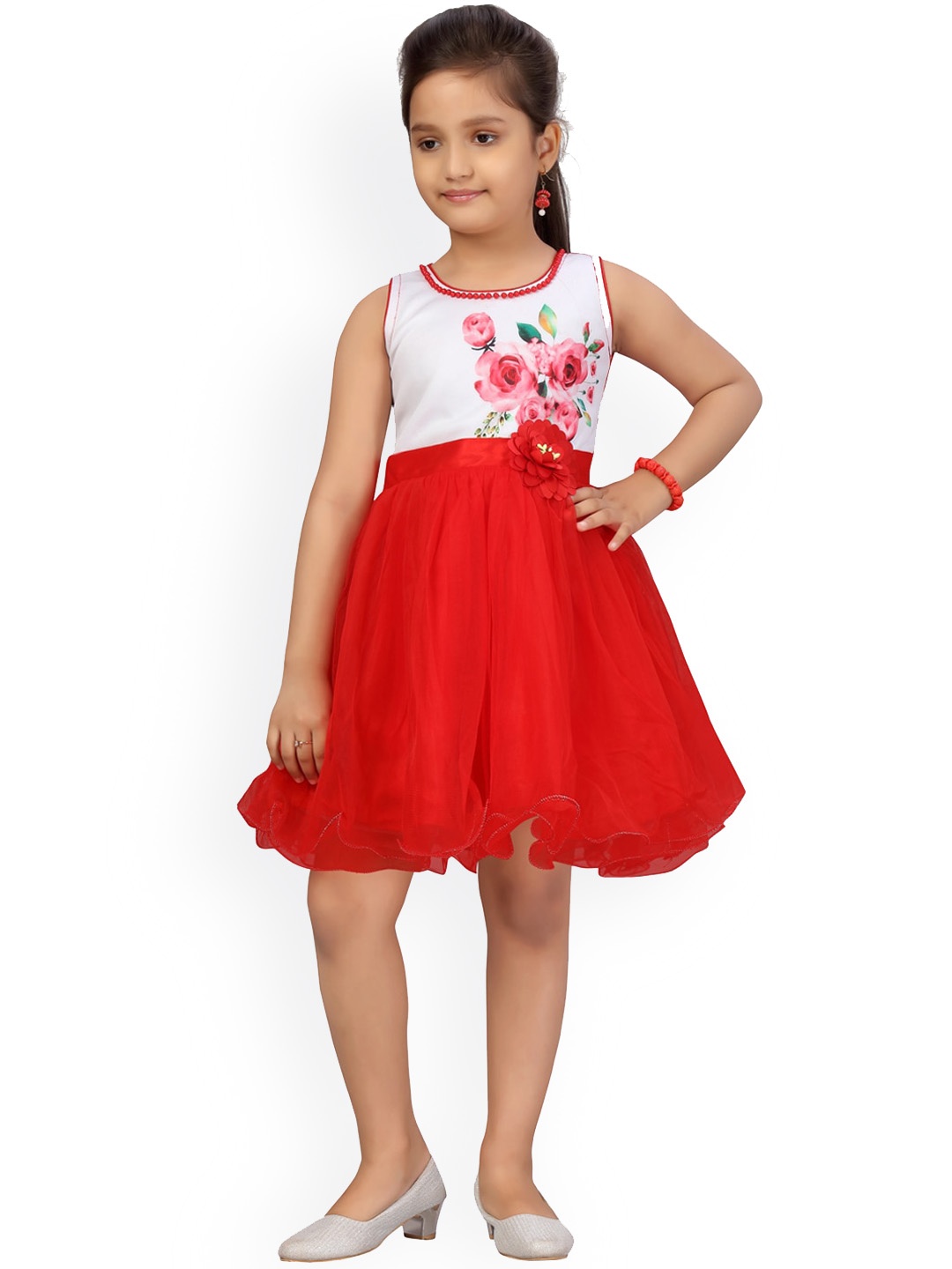 

Aarika Girls Red Printed Fit and Flare Dress