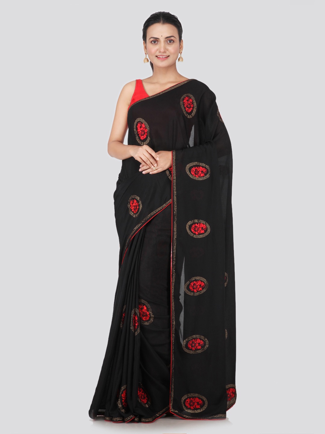 

PinkLoom Black & Red Pure Chiffon Embroidered Saree