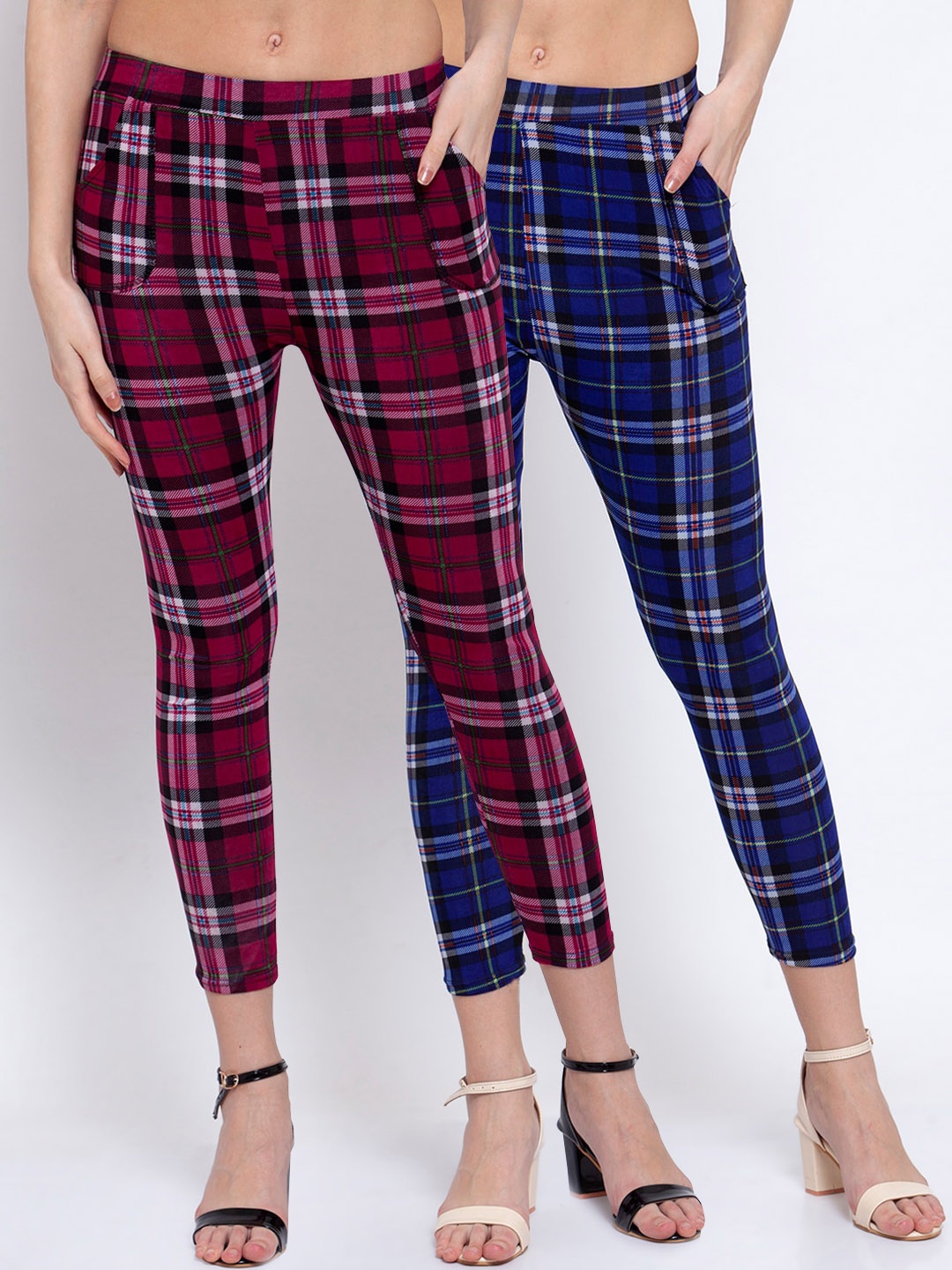 

KLOTTHE Women Pack Of 2 Checked Skinny-Fit Jeggings, Blue