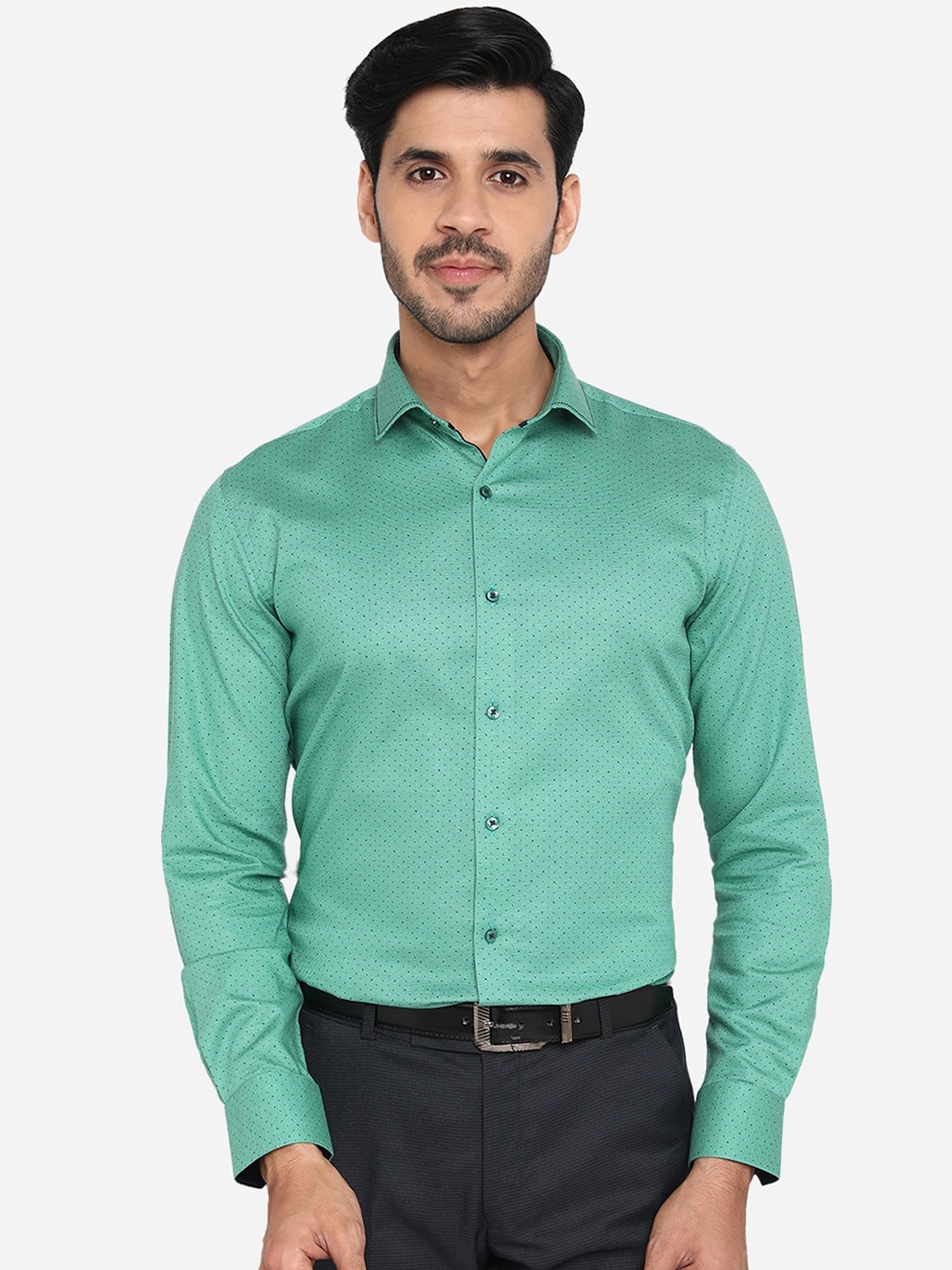 

JB STUDIO Men Green Pure Cotton Slim Fit Printed Formal Shirt