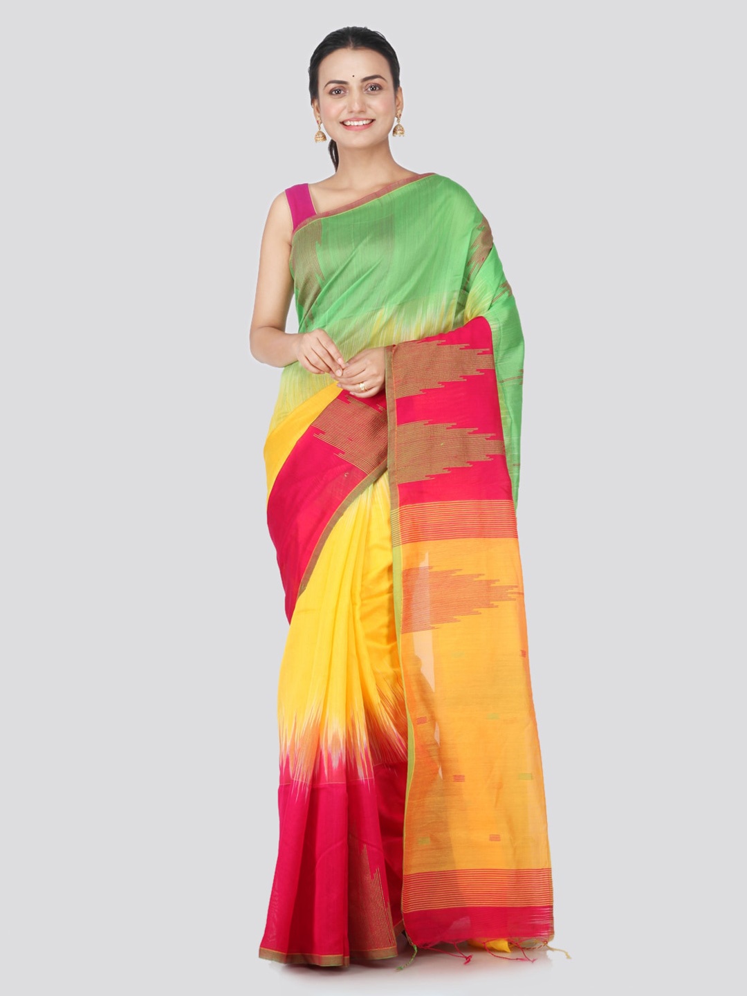 

PinkLoom Multicoloured Woven Design Cotton Blend Handloom Sustainable Saree, Multi