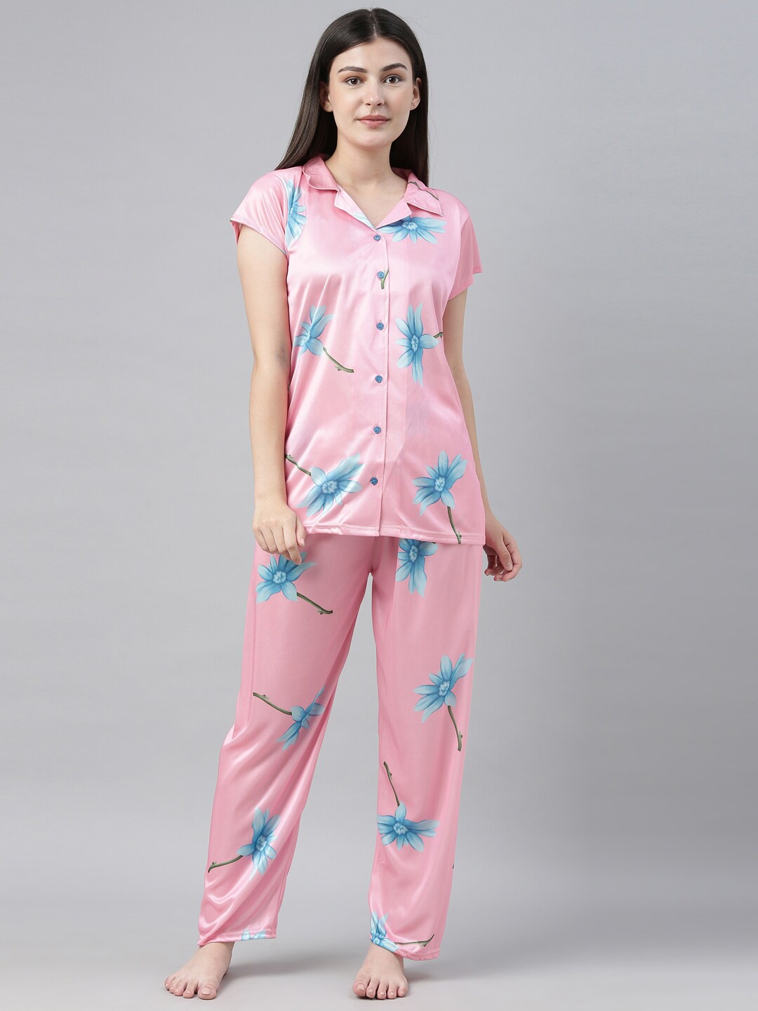 

Bailey sells Women Pink & Blue Printed Satin Night Suit