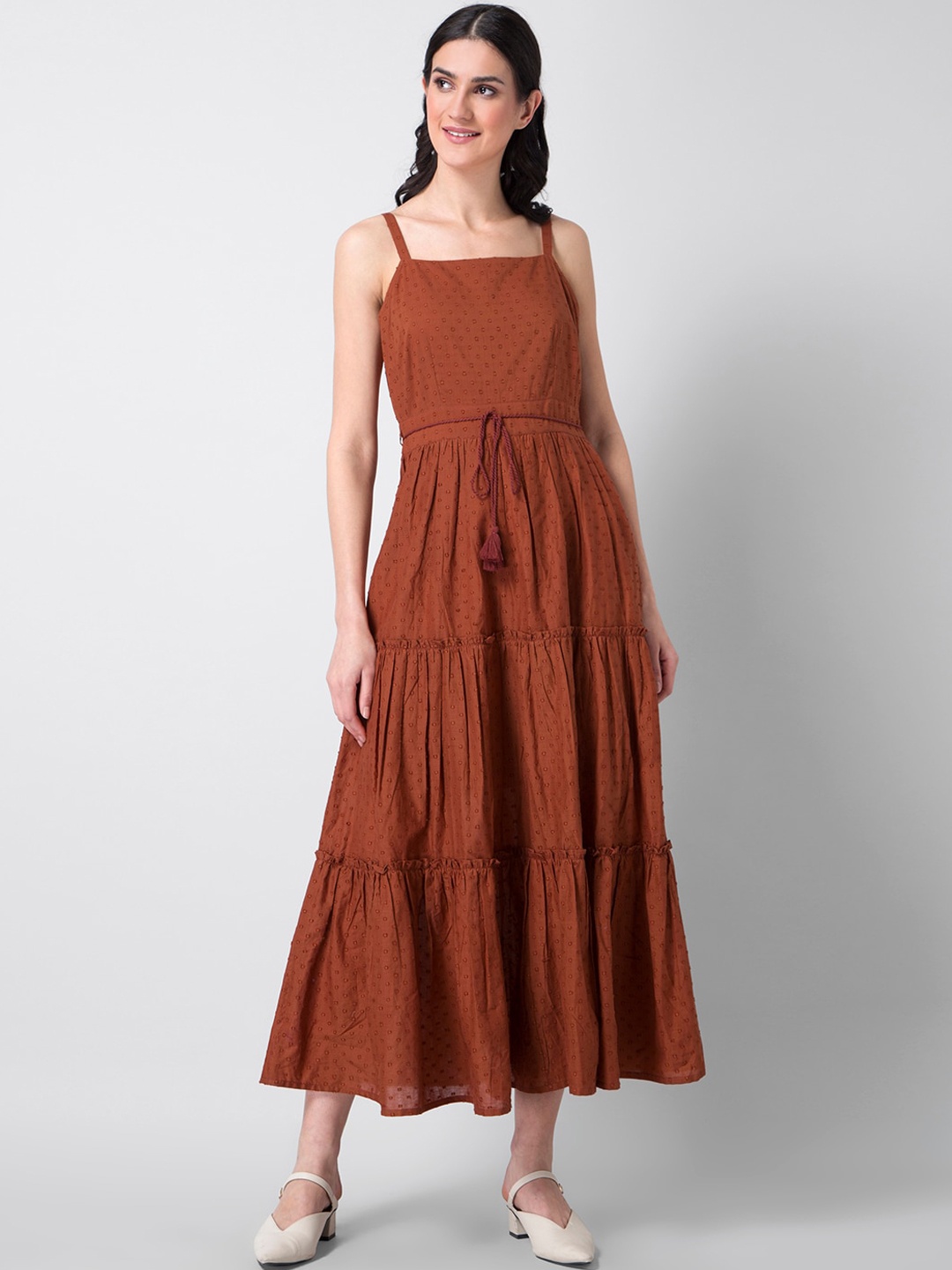 

FabAlley Women Brown Schiffli Patterned Pure Cotton Tiered A-Line Dress with Belt