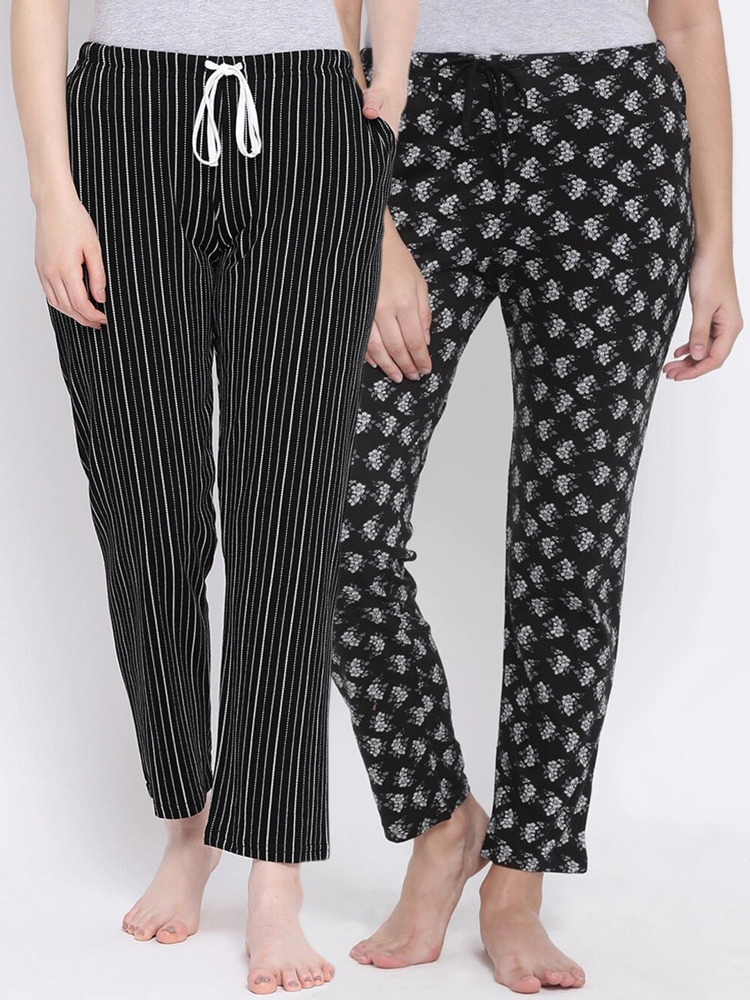 

Kanvin Women Pack Of 2 Printed Pure Cotton Lounge Pants PJ1077+PJ1121, Black