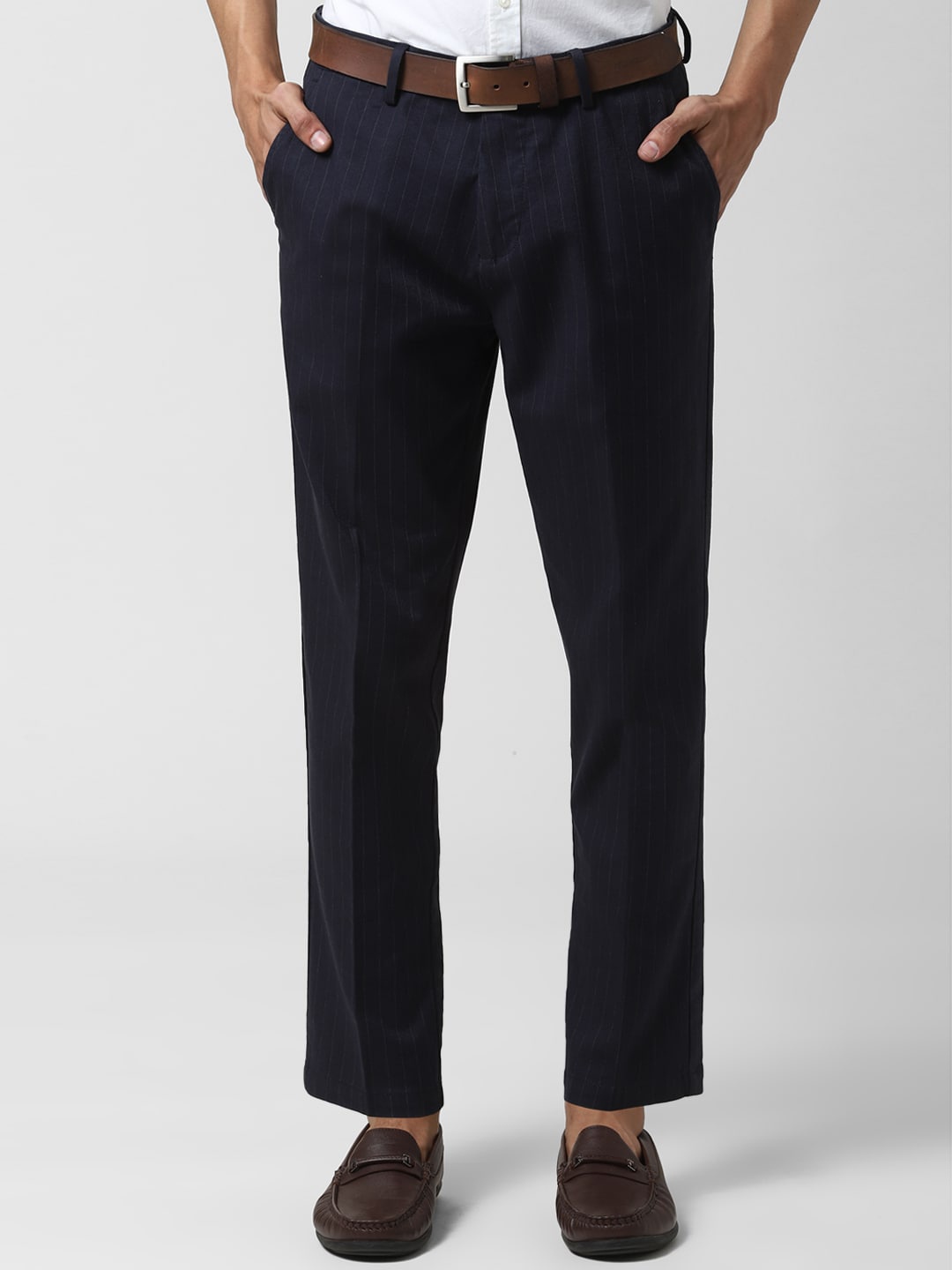 Peter England Casuals Men Navy Blue & White Slim Fit Striped Regular Trousers