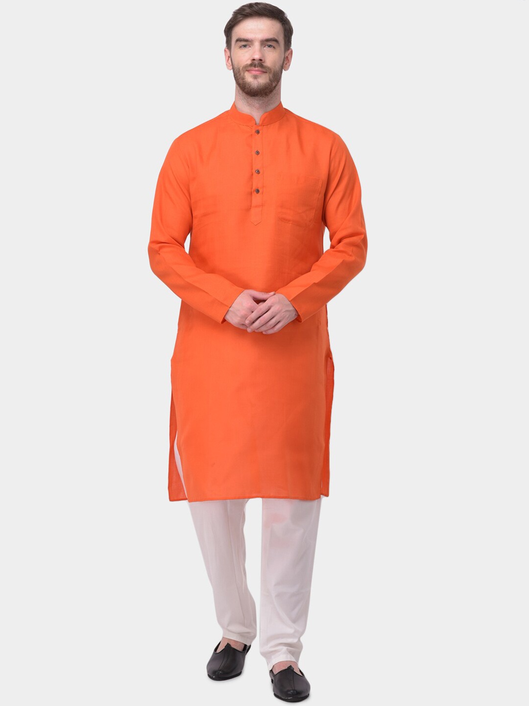 SG LEMAN Men Orange & White Solid Kurta with Pyjamas
