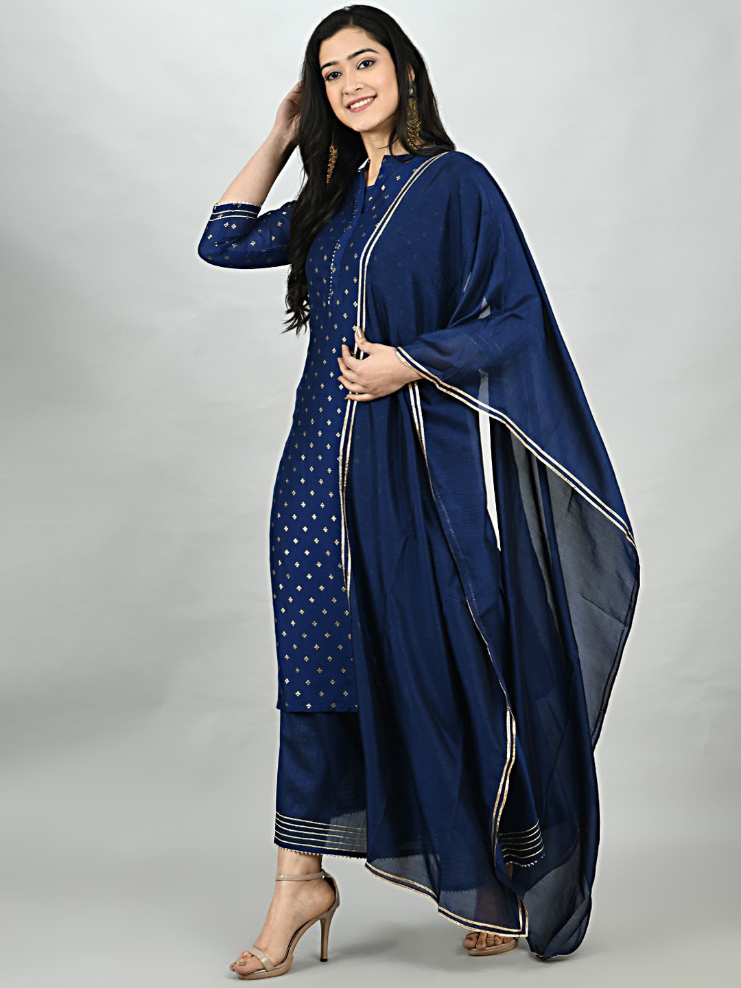 

Myshka Women Navy Blue Ethnic Motifs Printed Kurta with Dupatta