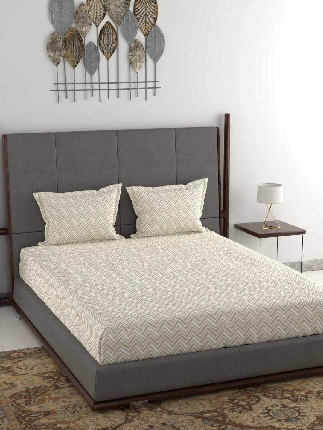 

Trident White & Beige Abstract 144 TC Cotton 1 King Bedsheet with 2 Pillow Covers