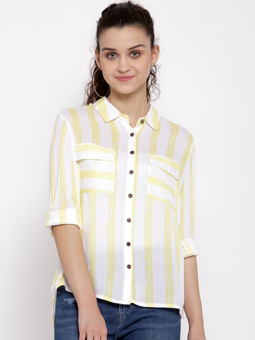 

Pepe Jeans Women Yellow & White Regular Fit Striped Casual Shirt