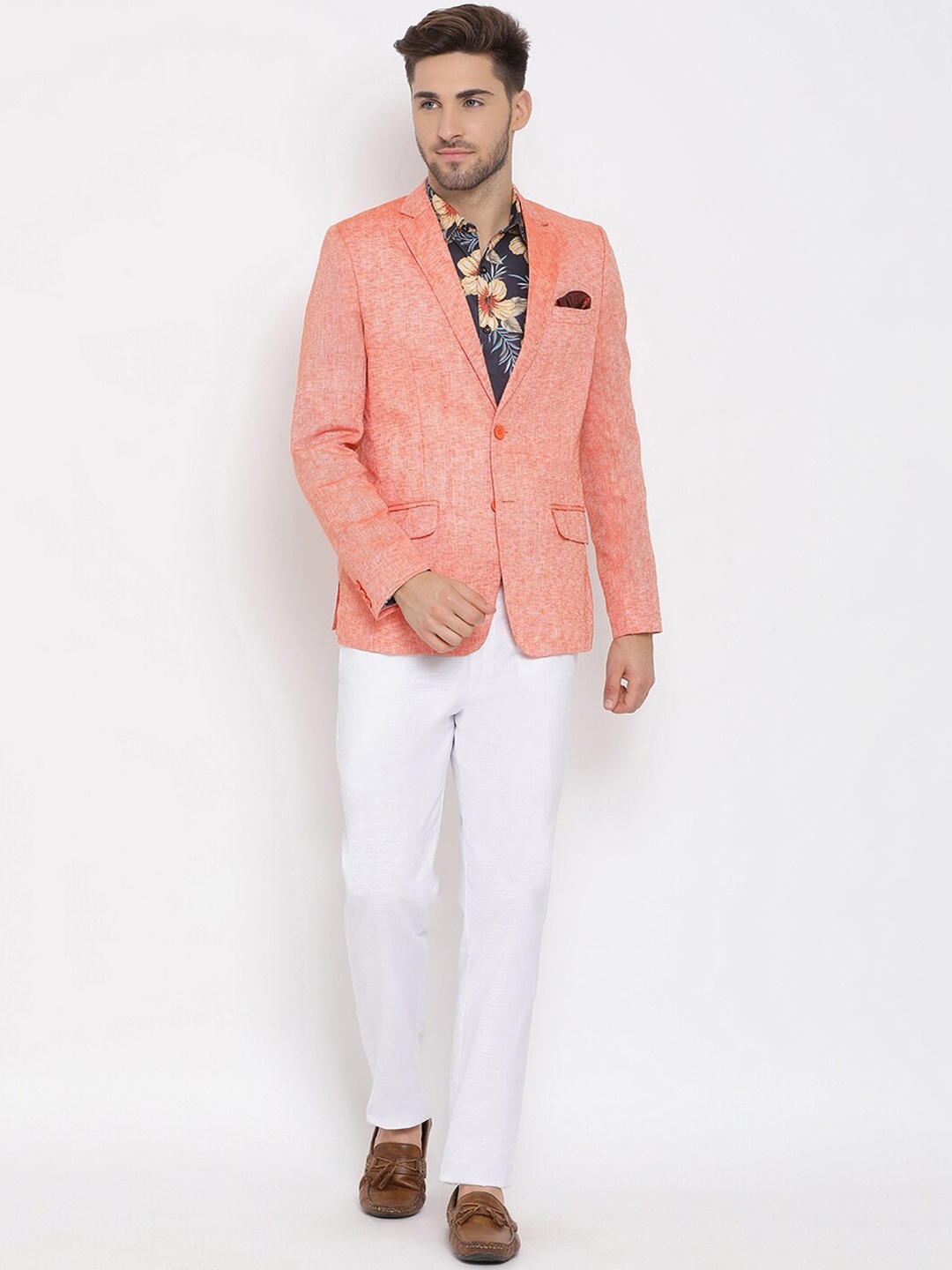 Hangup Men Orange & White Solid Woven Linen Suit
