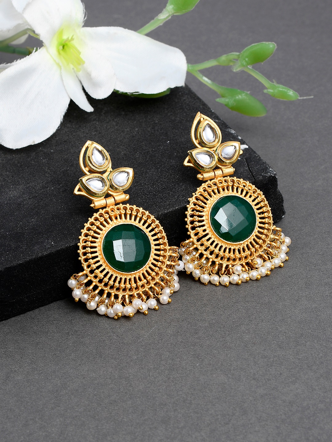 

Silvermerc Designs Gold-Plated & Green Contemporary Jhumkas