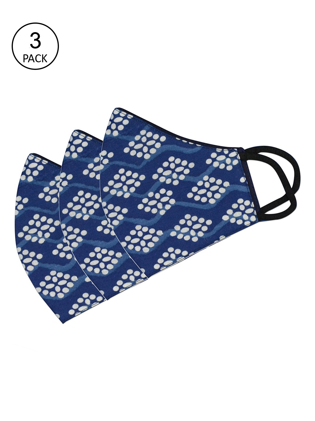 

Tossido Women Pack Of 3 Blue & White Digital Printed 3-Ply Reusable 100% Cotton Premium Cloth Face Masks