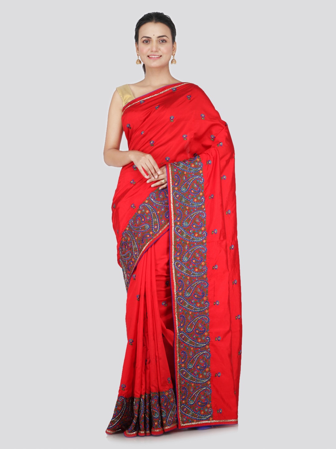 

PinkLoom Red Pure Silk Embroidered Jamdani Saree