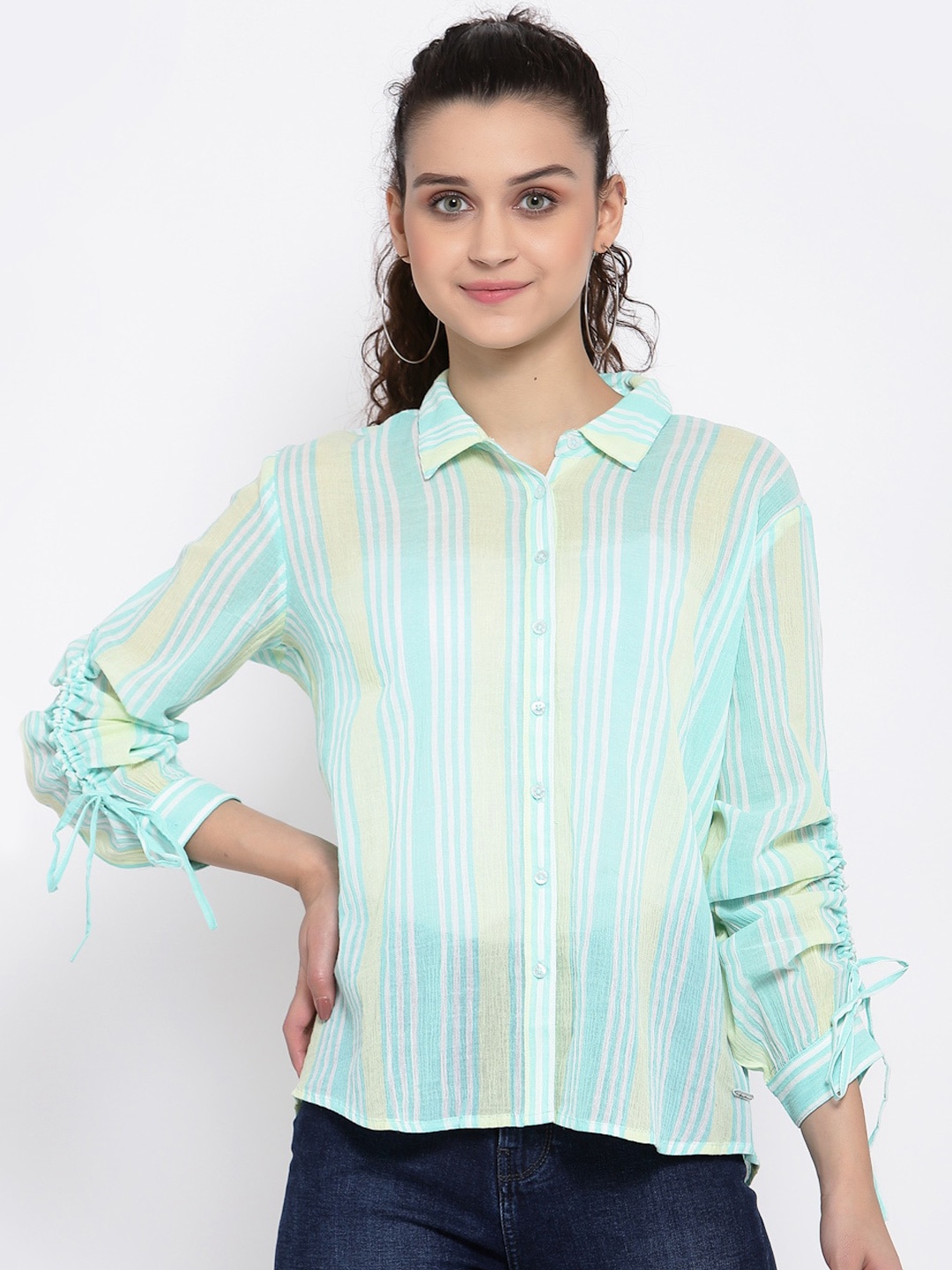 

Pepe Jeans Women Blue & White Regular Fit Striped Casual Shirt