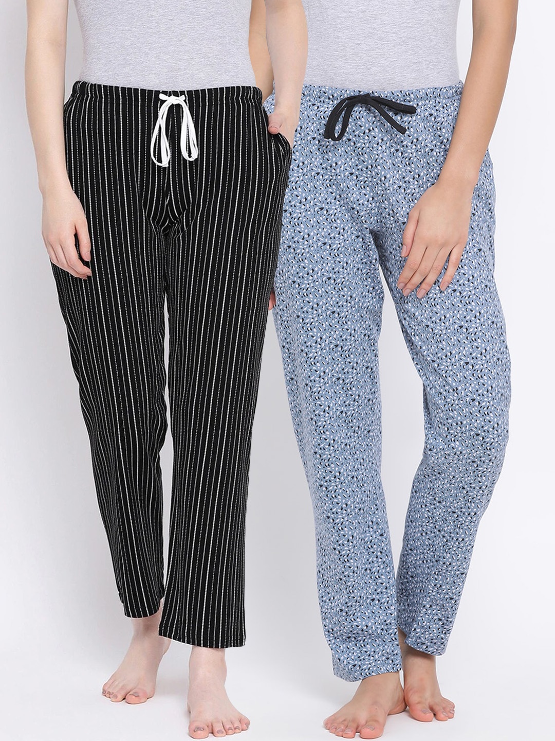 

Kanvin Women Pack Of 2 Printed Pure Cotton Lounge Pants PJ1077+PJ1112, Black