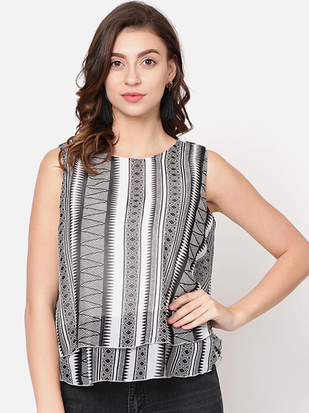 V2 Value & Variety Black & White Printed Georgette Tiered Crop Top