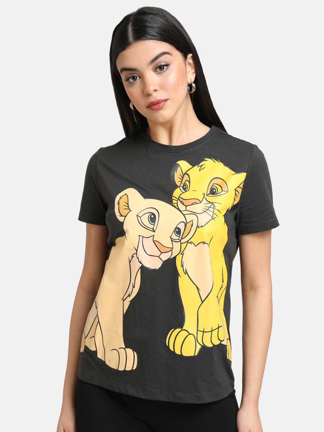 

Kazo Women Charcoal Grey Lion King Printed Round Neck T-shirt