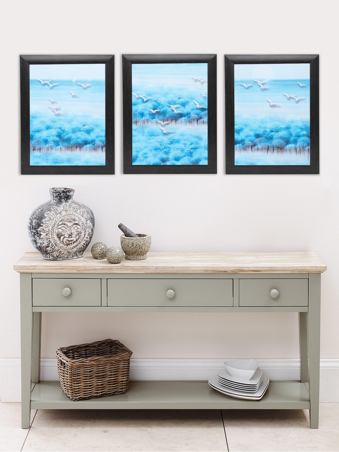 

Indianara Set Of 3 Blue & White Birds Flying Over Trees Framed Art Prints Without Glass Wall Art