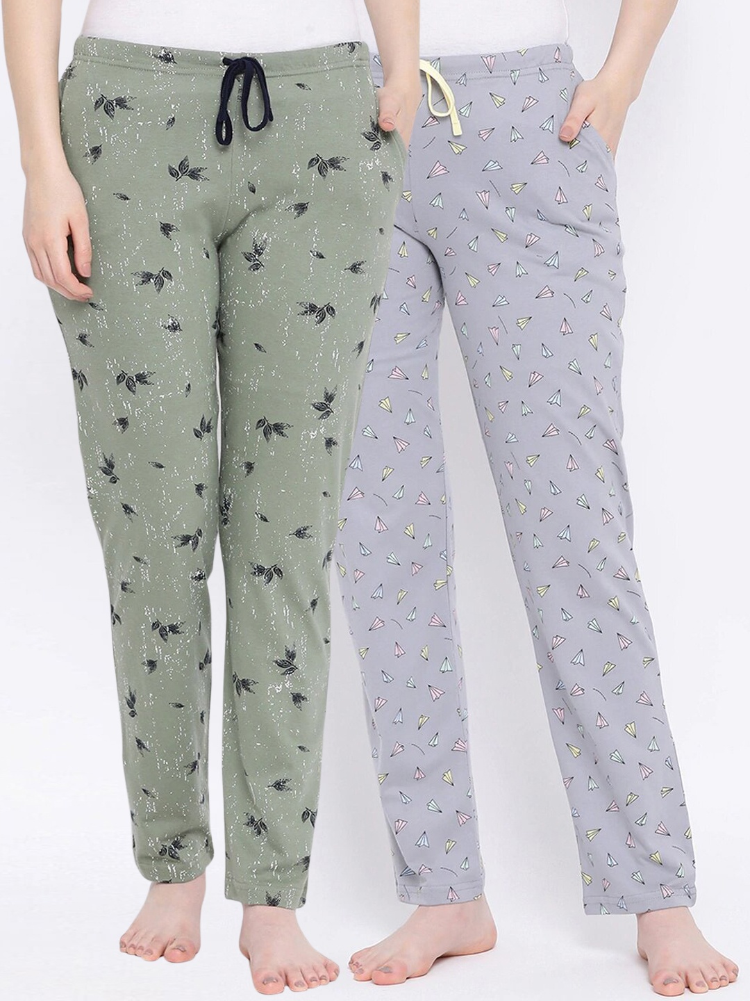 

Kanvin Women Pack Of 2 Printed Pure Cotton Lounge Pants PJ1069+PJ1122, Grey