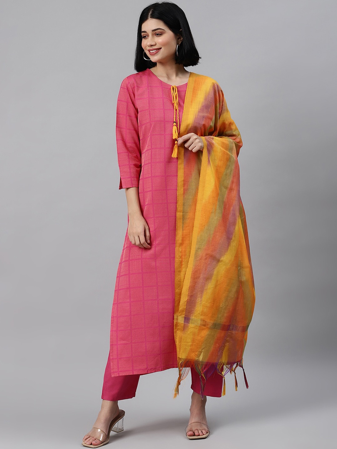 

KSUT Women Pink & Yellow Checked Kurta with Trousers & Dupatta
