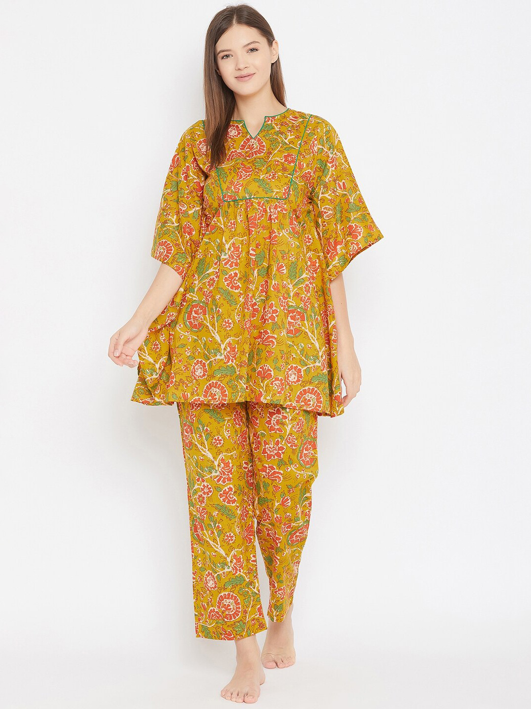 

The Kaftan Company Women Mustard Yellow & Red Cotton Floral Printed Night Suit