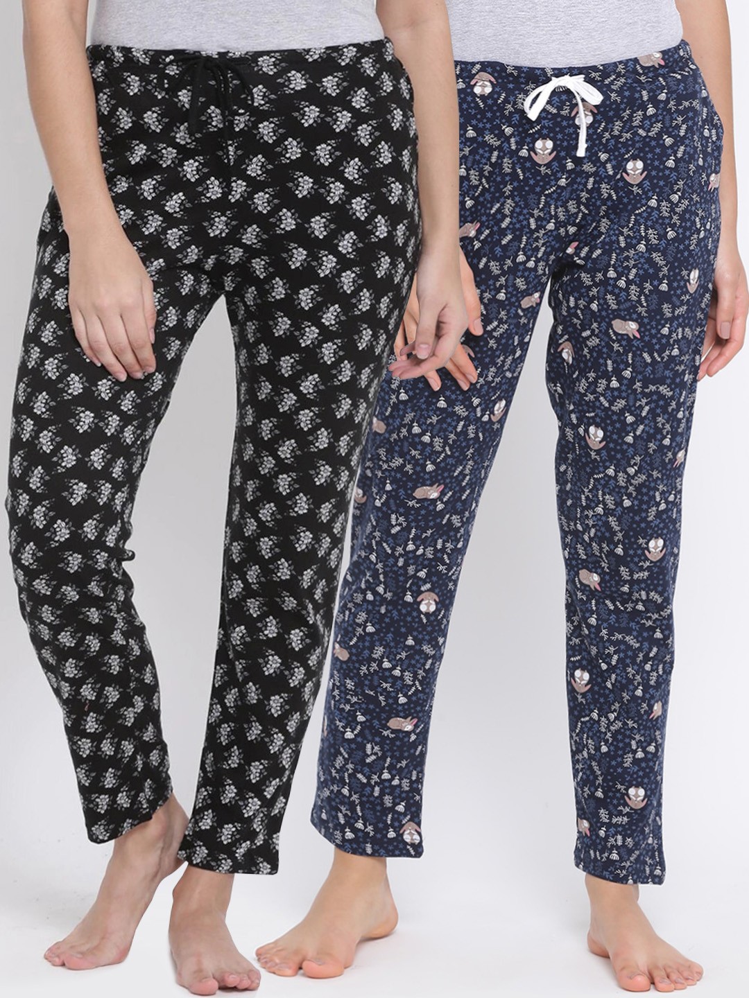 

Kanvin Women Pack of 2 Printed Pure Cotton Lounge Pants PJ1114+PJ1121, Navy blue