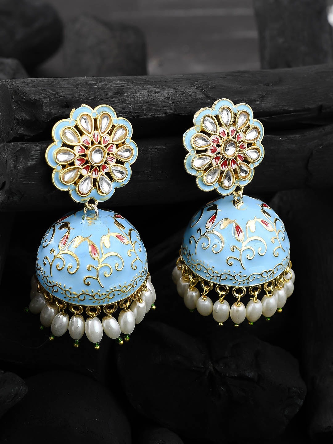 

Silvermerc Designs Gold-Plated & Blue Handpainted Contemporary Jhumkas