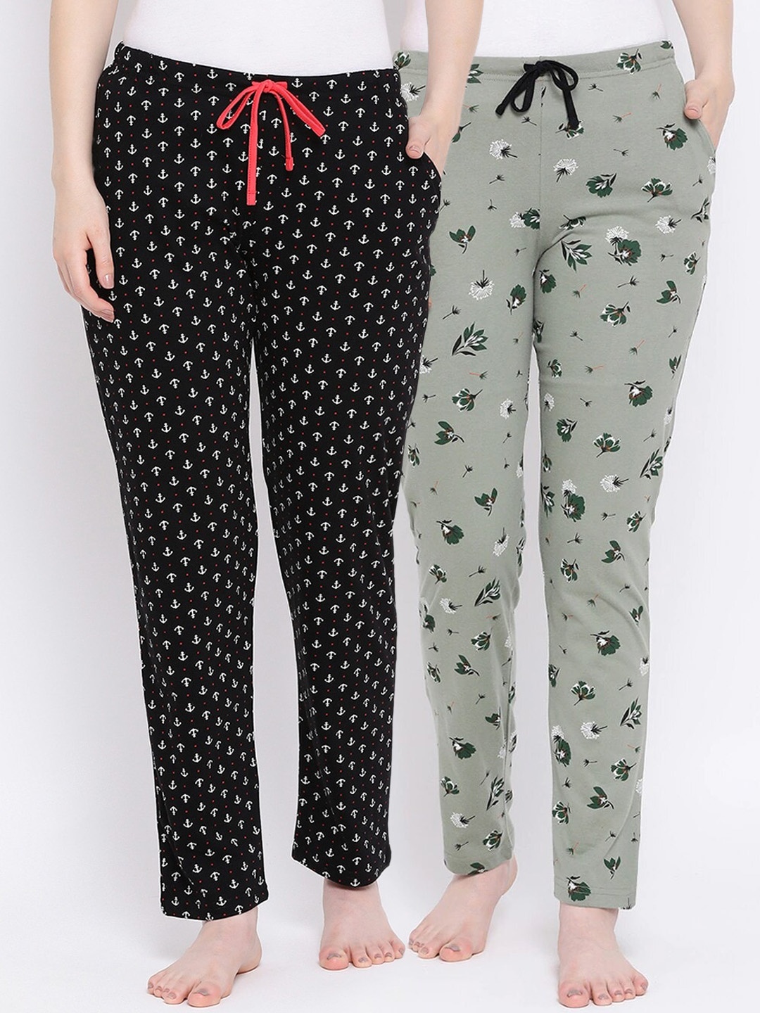 

Kanvin Women Pack Of 2 Printed Pure Cotton Lounge Pants PJ1070+PJ1078, Black