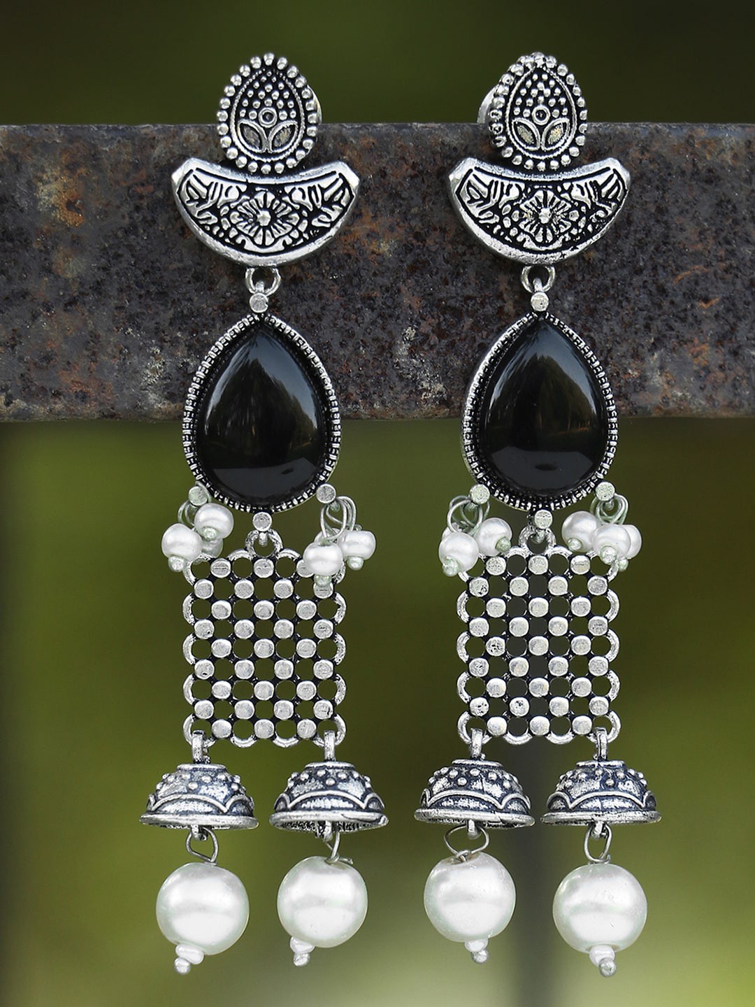 

Adwitiya Collection Silver-Toned Contemporary Jhumkas