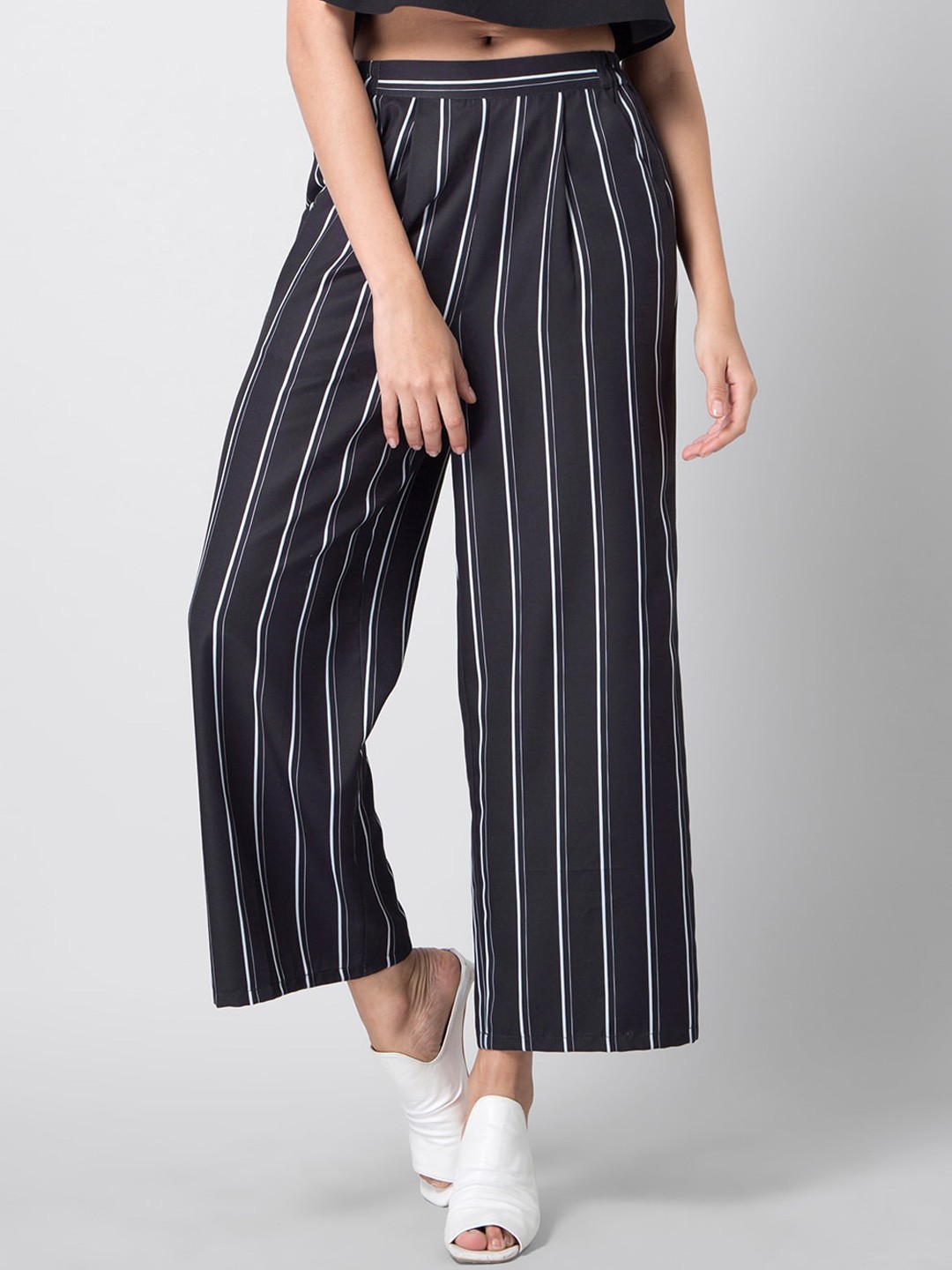 

FabAlley Women Navy Blue & White Loose Fit Striped Wide Leg Trousers