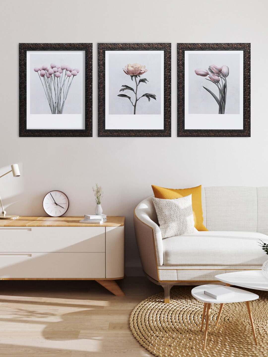 Indianara Set Of 3 White & Grey Flowers Framed Wall Arts