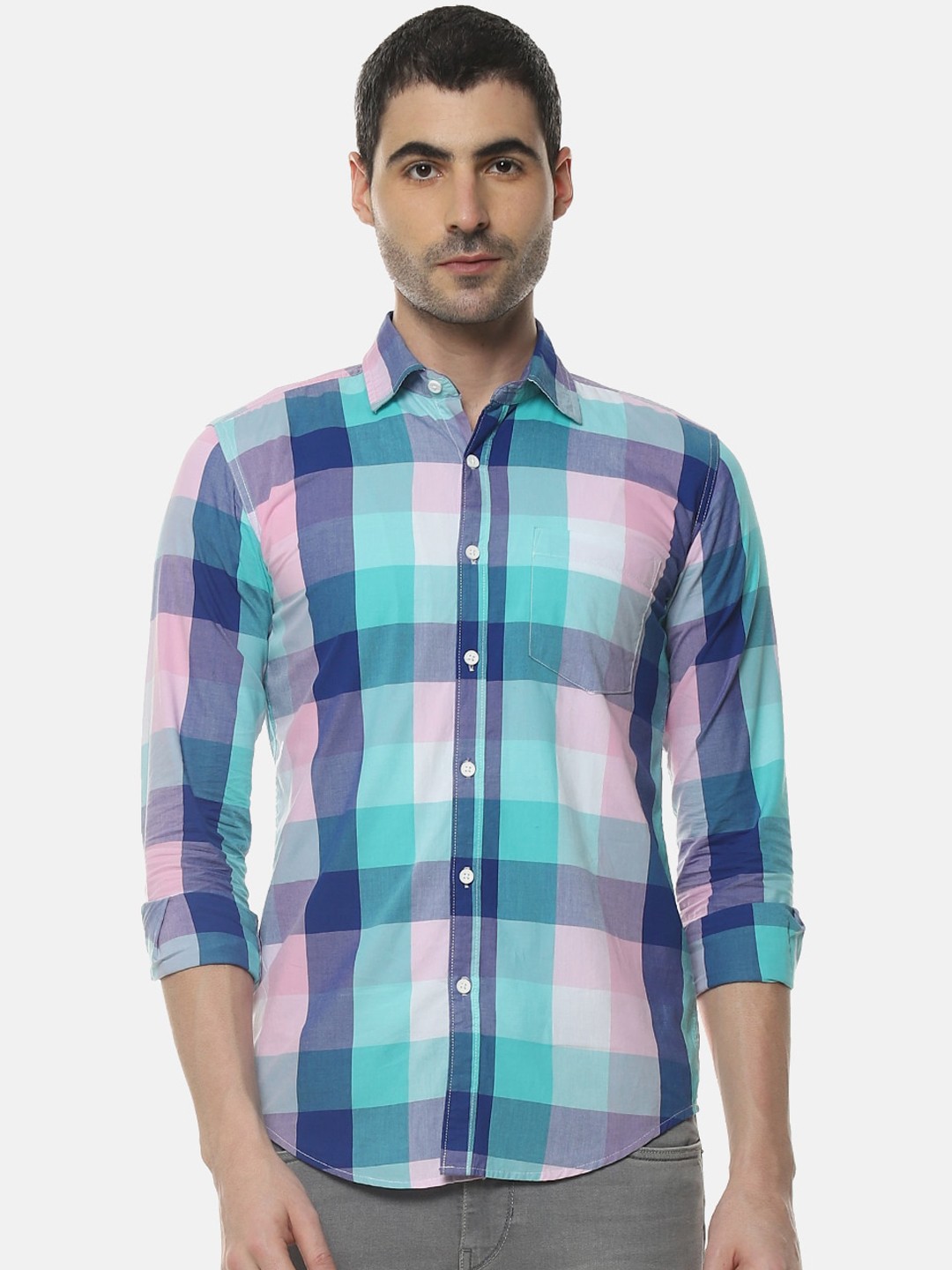 

Campus Sutra Men Blue & Pink Regular Fit Checked Casual Shirt