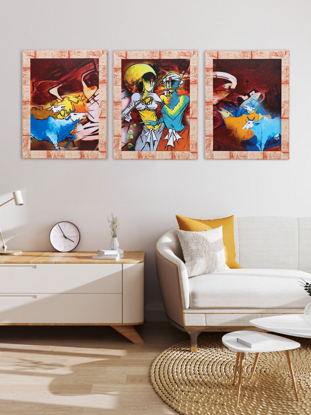 Indianara Set Of 3 Brown & Blue Radha Krishna Framed Wall Art