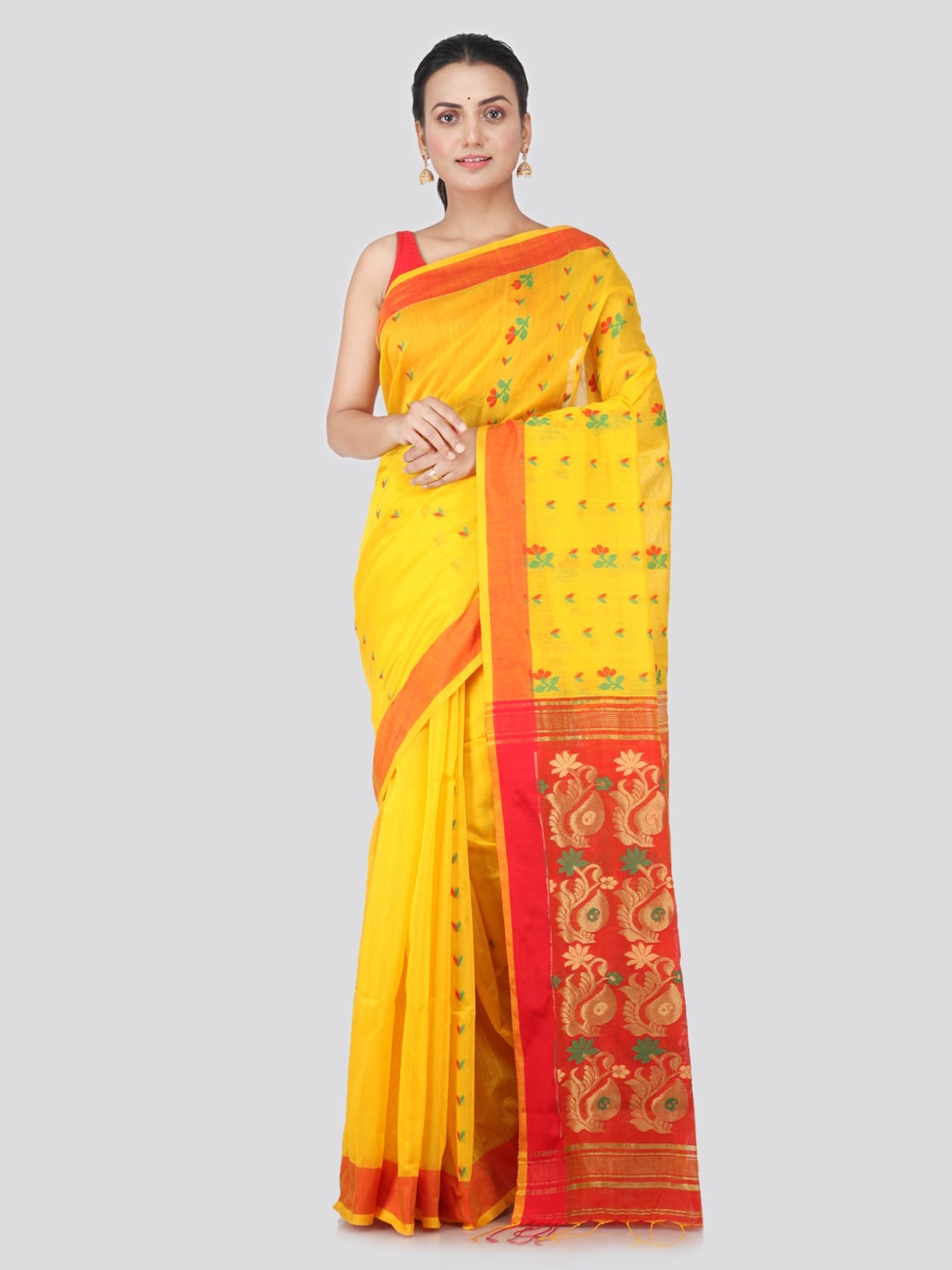 

PinkLoom Yellow & Red Cotton Blend Woven Design Handloom Saree