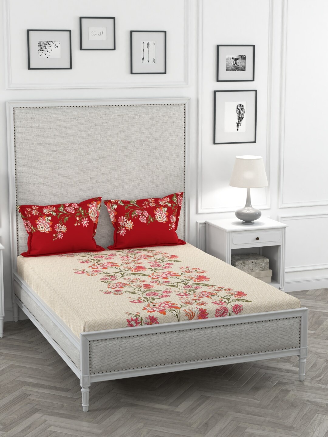 

Portico New York Peach-Coloured & Red Floral 144 TC Cotton 1 King Bedsheet with 2 Pillow Covers